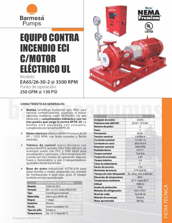 ECI UL MOTOR ELÉCTRICO EA65/26-50-2-230 250GPM@130PSI - Image 3